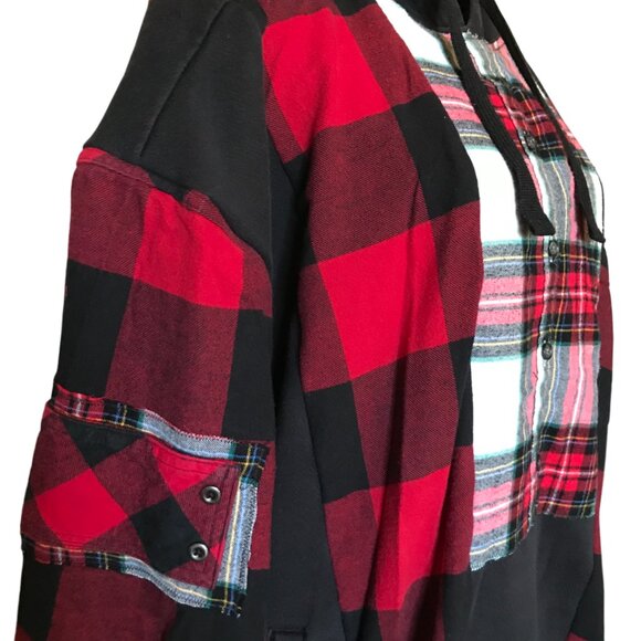 Upcycled Patchwork Hoodie XL/1X: Boho Grunge Black & Red Flannel Sweatshirt - Picture 6 of 10